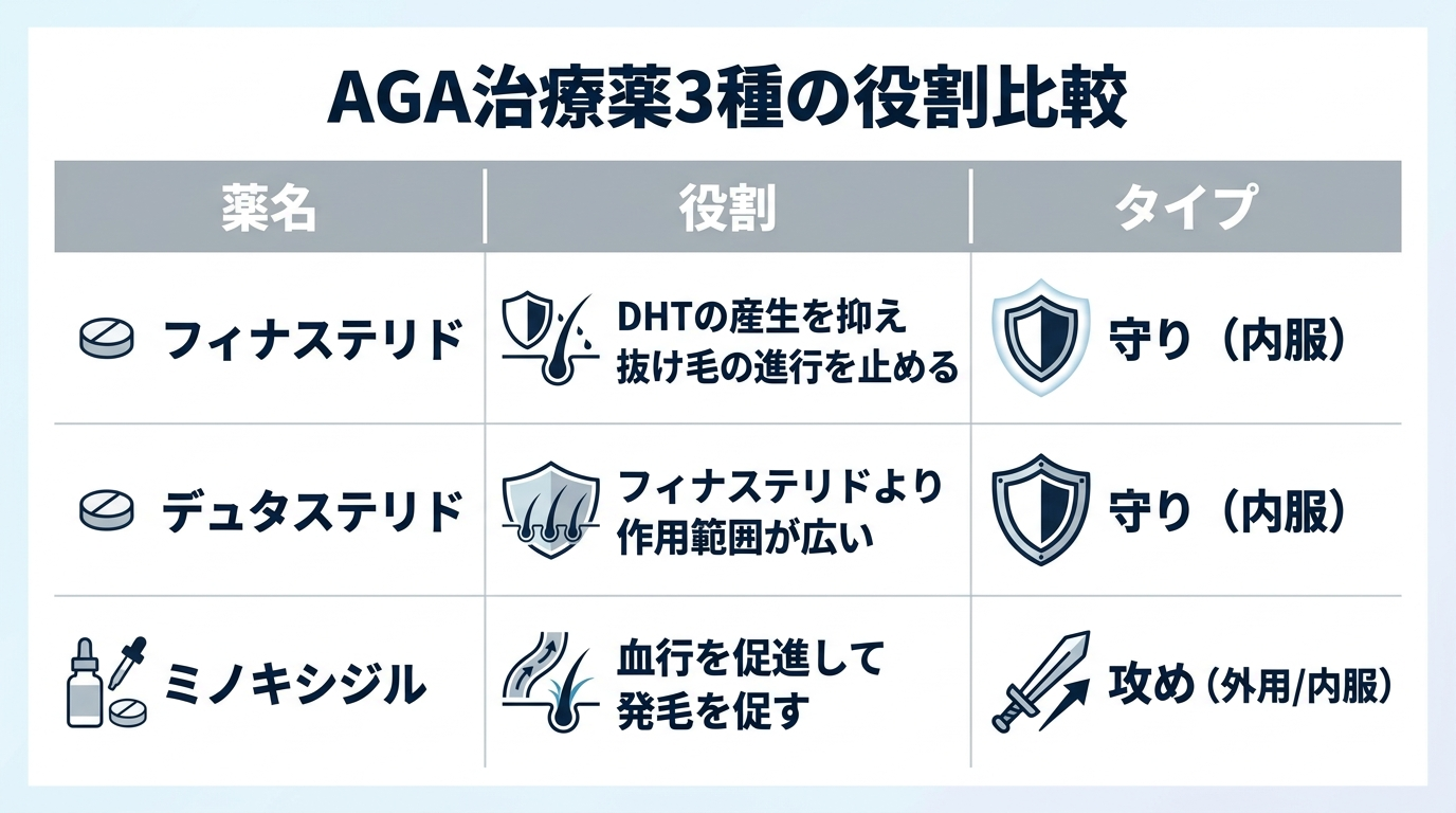 タイトル: AGA治療薬3種の役割比較。3列の表。ヘッダー行: 薬名 | 役割 | タイプ。行1: フィナステリド | DHTの産生を抑え抜け毛の進行を止める | 守り(内服)。行2: デュタステリド | フィナステリドより作用範囲が広い | 守り(内服)。行3: ミノキシジル | 血行を促進して発毛を促す | 攻め(外用/内服)