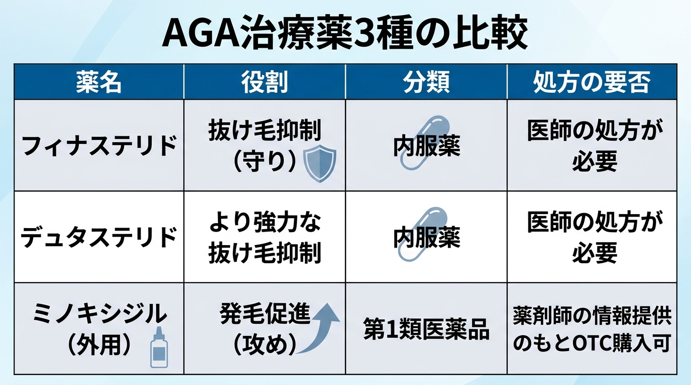 タイトル: AGA治療薬3種の比較。4列の表: ヘッダー行: 薬名 | 役割 | 分類 | 処方の要否。行1: フィナステリド | 抜け毛抑制(守り) | 内服薬 | 医師の処方が必要。行2: デュタステリド | より強力な抜け毛抑制 | 内服薬 | 医師の処方が必要。行3: ミノキシジル(外用) | 発毛促進(攻め) | 第1類医薬品 | 薬剤師の情報提供のもとOTC購入可
