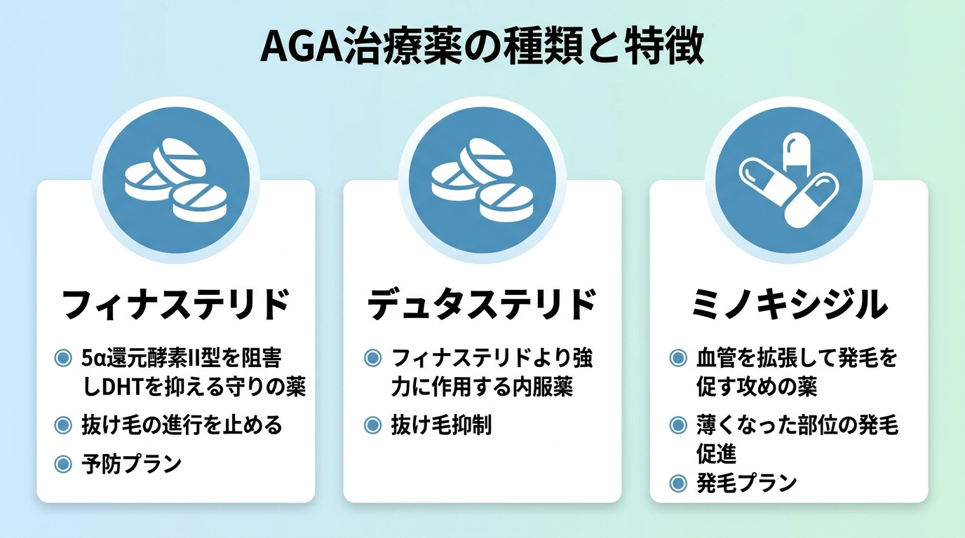 タイトル: AGA治療薬の種類と特徴。横並び3カードで: カード1(錠剤のアイコン)ヘッダー: フィナステリド、説明: 5α還元酵素II型を阻害しDHTを抑える守りの薬。抜け毛の進行を止める。予防プラン。カード2(錠剤のアイコン)ヘッダー: デュタステリド、説明: フィナステリドより強力に作用する内服薬。抜け毛抑制。カード3(カプセルのアイコン)ヘッダー: ミノキシジル、説明: 血管を拡張して発毛を促す攻めの薬。薄くなった部位の発毛促進。発毛プラン
