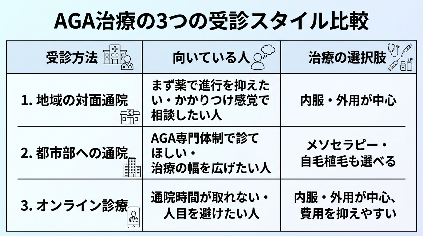 タイトル: AGA治療の3つの受診スタイル比較。3列の表: ヘッダー行: 受診方法 | 向いている人 | 治療の選択肢。行1: 地域の対面通院 | まず薬で進行を抑えたい・かかりつけ感覚で相談したい人 | 内服・外用が中心。行2: 都市部への通院 | AGA専門体制で診てほしい・治療の幅を広げたい人 | メソセラピー・自毛植毛も選べる。行3: オンライン診療 | 通院時間が取れない・人目を避けたい人 | 内服・外用が中心、費用を抑えやすい