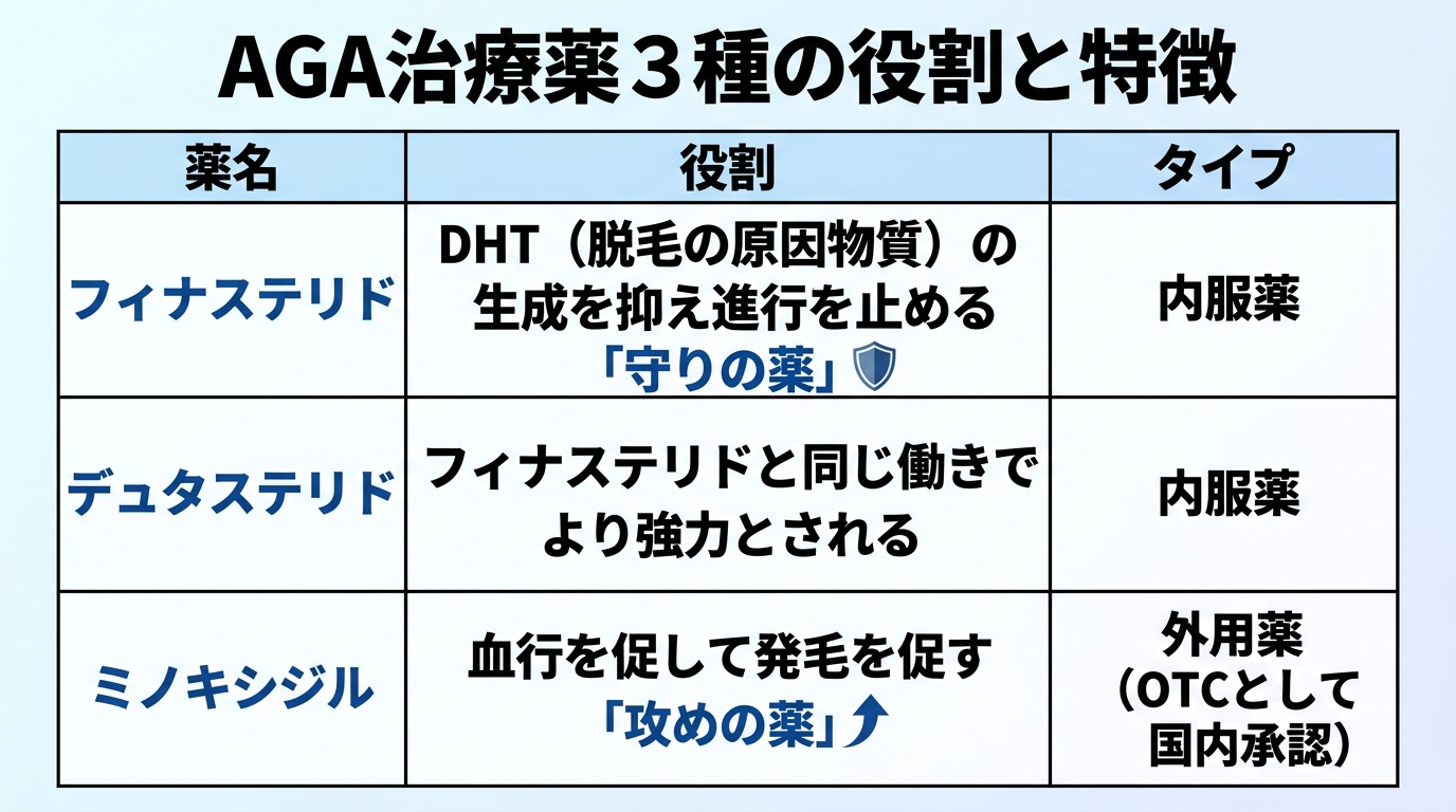 タイトル: AGA治療薬3種の役割と特徴。3列の表: ヘッダー行: 薬名 | 役割 | タイプ。行1: フィナステリド | DHT(脱毛の原因物質)の生成を抑え進行を止める「守りの薬」 | 内服薬。行2: デュタステリド | フィナステリドと同じ働きでより強力とされる | 内服薬。行3: ミノキシジル | 血行を促して発毛を促す「攻めの薬」 | 外用薬(OTCとして国内承認)