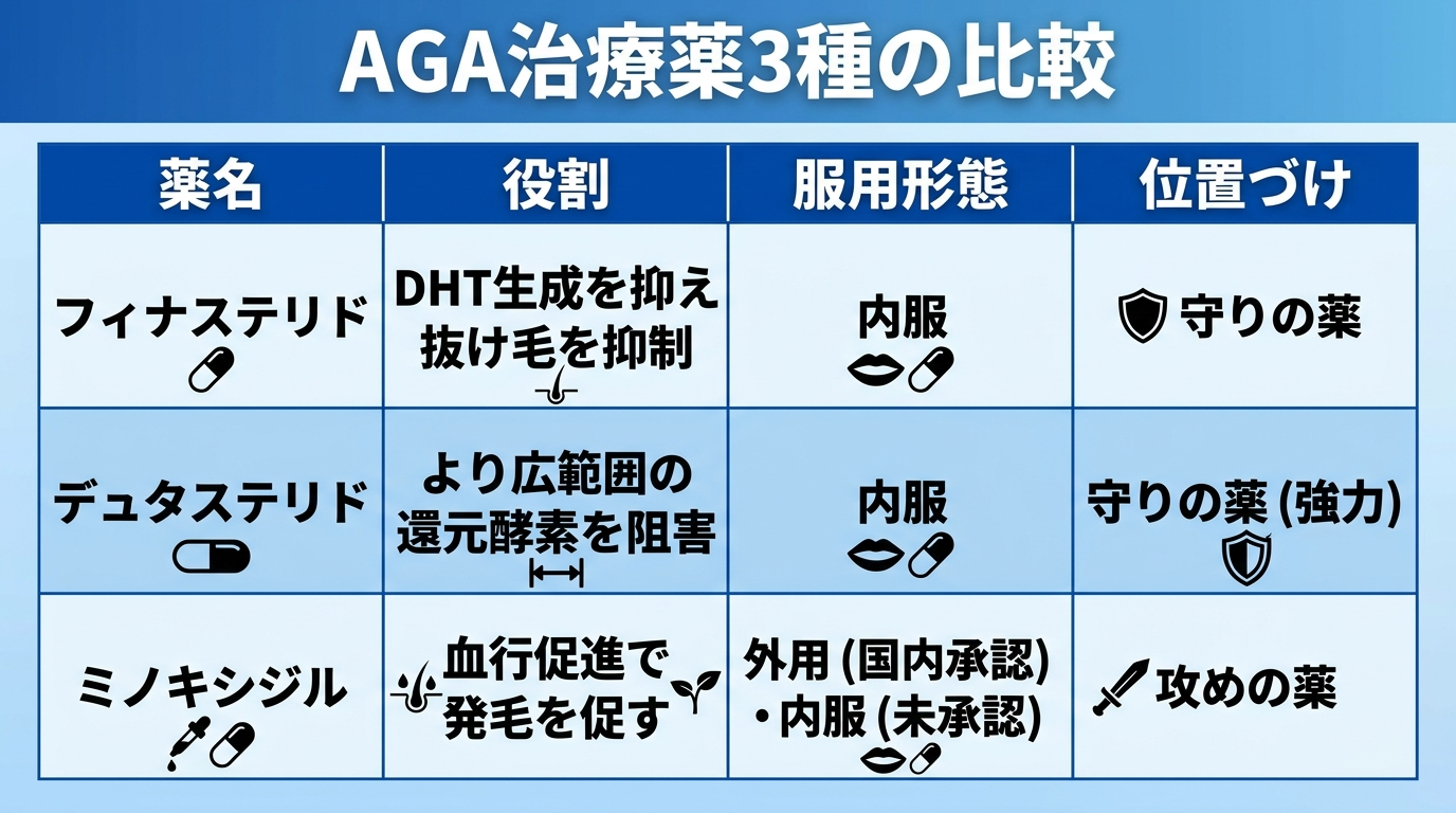 タイトル: AGA治療薬3種の比較。4列の表: ヘッダー行: 薬名 | 役割 | 服用形態 | 位置づけ。行1: フィナステリド | DHT生成を抑え抜け毛を抑制 | 内服 | 守りの薬。行2: デュタステリド | より広範囲の還元酵素を阻害 | 内服 | 守りの薬(強力)。行3: ミノキシジル | 血行促進で発毛を促す | 外用(国内承認)・内服(未承認) | 攻めの薬
