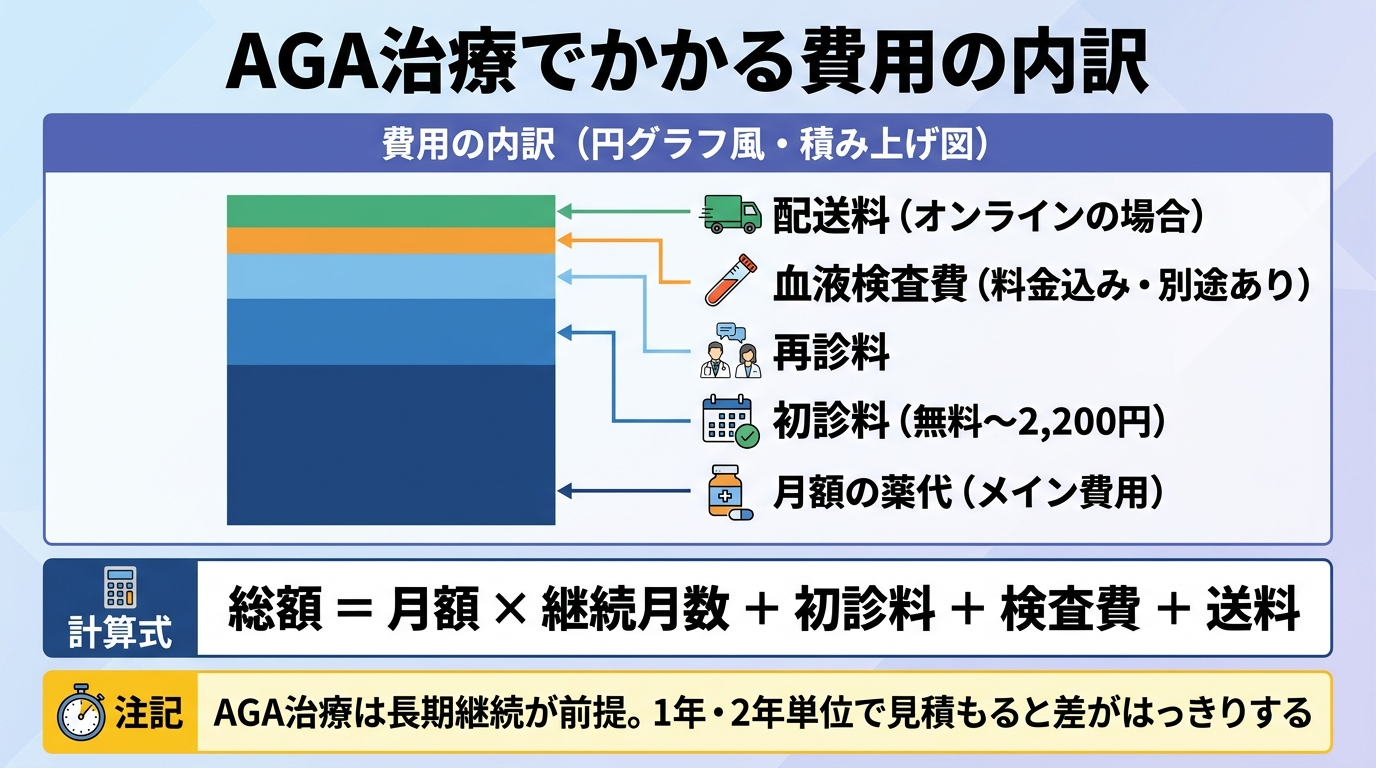 タイトル: AGA治療でかかる費用の内訳。円グラフ風または積み上げ図で: 月額の薬代(メインの費用)+初診料(無料〜2,200円)+再診料+血液検査費(料金込みの院と別途の院あり)+配送料(オンラインの場合)。下部に計算式: 総額 = 月額 × 継続月数 + 初診料 + 検査費 + 送料。注記: AGA治療は長期継続が前提のため1年・2年単位で見積もると差がはっきりする