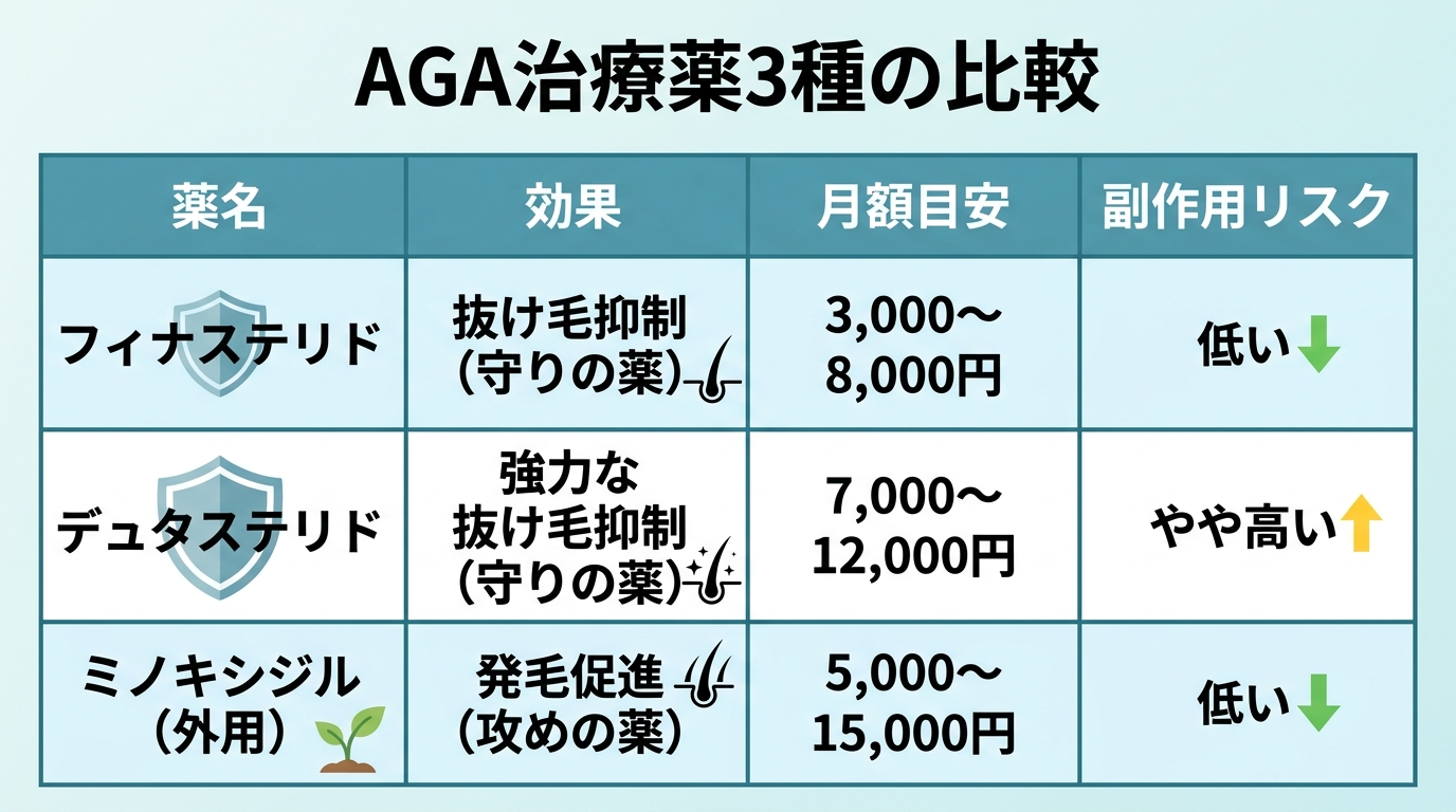 タイトル: AGA治療薬3種の比較。4列の表: ヘッダー行: 薬名 | 効果 | 月額目安 | 副作用リスク。行1: フィナステリド | 抜け毛抑制(守りの薬) | 3,000〜8,000円 | 低い。行2: デュタステリド | 強力な抜け毛抑制(守りの薬) | 7,000〜12,000円 | やや高い。行3: ミノキシジル(外用) | 発毛促進(攻めの薬) | 5,000〜15,000円 | 低い