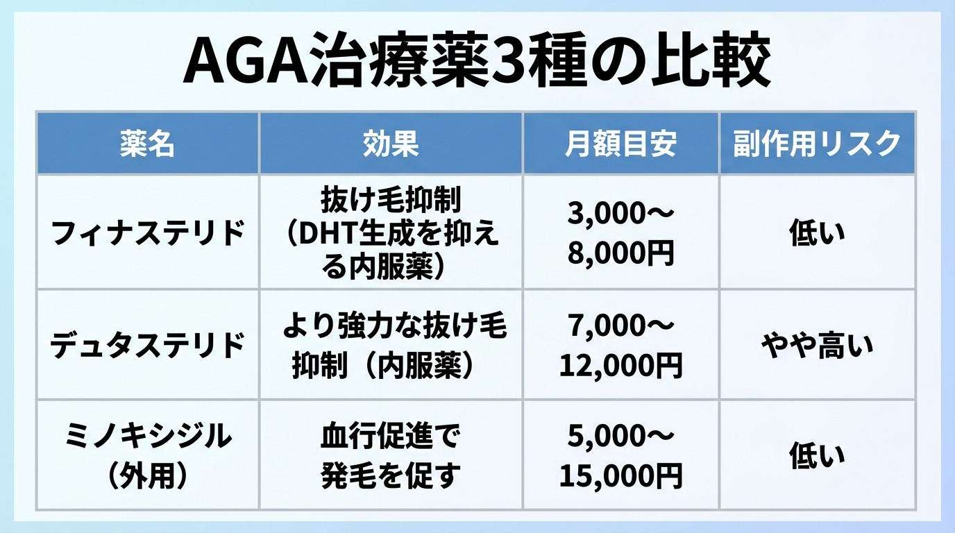 タイトル: AGA治療薬3種の比較。4列の表: ヘッダー行: 薬名 | 効果 | 月額目安 | 副作用リスク。行1: フィナステリド | 抜け毛抑制(DHT生成を抑える内服薬) | 3,000〜8,000円 | 低い。行2: デュタステリド | より強力な抜け毛抑制(内服薬) | 7,000〜12,000円 | やや高い。行3: ミノキシジル(外用) | 血行促進で発毛を促す | 5,000〜15,000円 | 低い