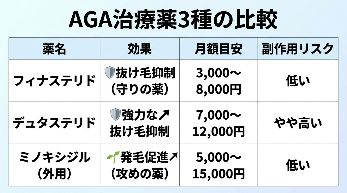 タイトル: AGA治療薬3種の比較。4列の表: ヘッダー行: 薬名 | 効果 | 月額目安 | 副作用リスク。行1: フィナステリド | 抜け毛抑制(守りの薬) | 3,000〜8,000円 | 低い。行2: デュタステリド | 強力な抜け毛抑制 | 7,000〜12,000円 | やや高い。行3: ミノキシジル(外用) | 発毛促進(攻めの薬) | 5,000〜15,000円 | 低い