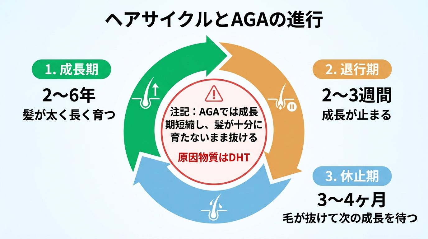 タイトル: ヘアサイクルとAGAの進行。円環フロー図で3段階を示す: 成長期(2〜6年、髪が太く長く育つ)→ 退行期(2〜3週間、成長が止まる)→ 休止期(3〜4ヶ月、毛が抜けて次の成長を待つ)。中央に注記: AGAでは成長期が短縮し、髪が十分に育たないまま抜ける。原因物質はDHT