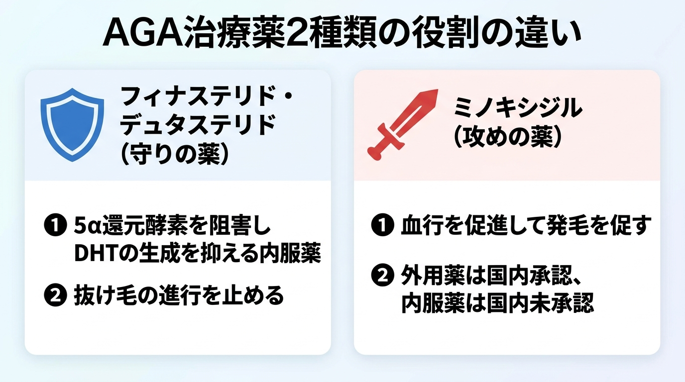 タイトル: AGA治療薬2種類の役割の違い。横並び2カードで: カード1（盾のアイコン）ヘッダー: フィナステリド・デュタステリド（守りの薬）、説明: 5α還元酵素を阻害しDHTの生成を抑える内服薬。抜け毛の進行を止める。カード2（剣のアイコン）ヘッダー: ミノキシジル（攻めの薬）、説明: 血行を促進して発毛を促す。外用薬は国内承認、内服薬は国内未承認。