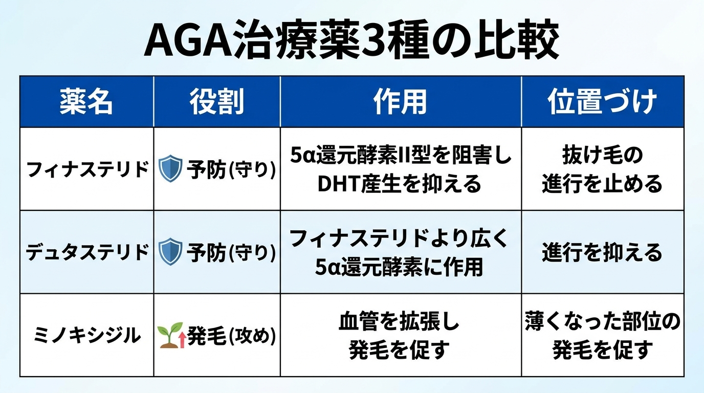 タイトル: AGA治療薬3種の比較。4列の表: ヘッダー行: 薬名 | 役割 | 作用 | 位置づけ。行1: フィナステリド | 予防（守り） | 5α還元酵素II型を阻害しDHT産生を抑える | 抜け毛の進行を止める。行2: デュタステリド | 予防（守り） | フィナステリドより広く5α還元酵素に作用 | 進行を抑える。行3: ミノキシジル | 発毛（攻め） | 血管を拡張し発毛を促す | 薄くなった部位の発毛を促す
