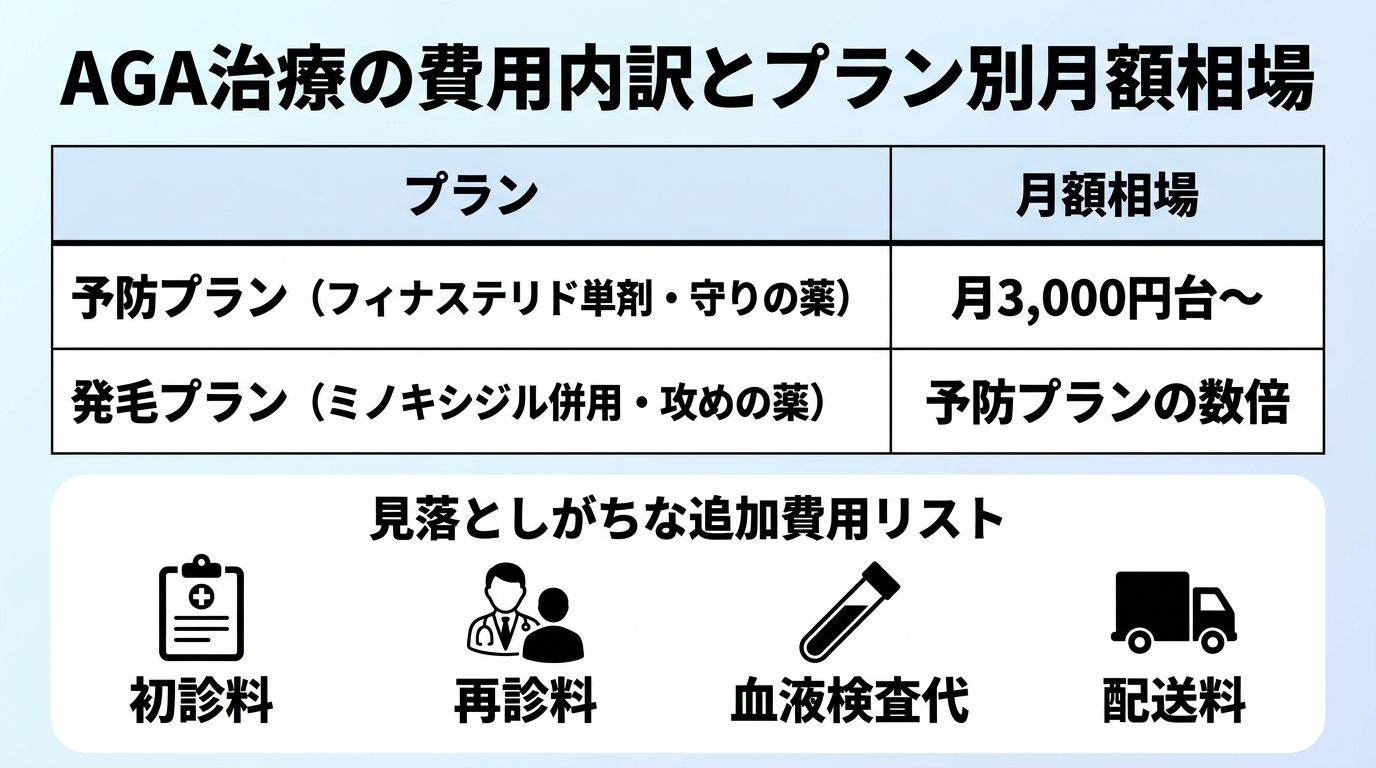 タイトル: AGA治療の費用内訳とプラン別月額相場。上部に2列の表: ヘッダー行: プラン | 月額相場。行1: 予防プラン(フィナステリド単剤・守りの薬) | 月3,000円台〜。行2: 発毛プラン(ミノキシジル併用・攻めの薬) | 予防プランの数倍。下部に見落としがちな追加費用リスト: 初診料・再診料・血液検査代・配送料。