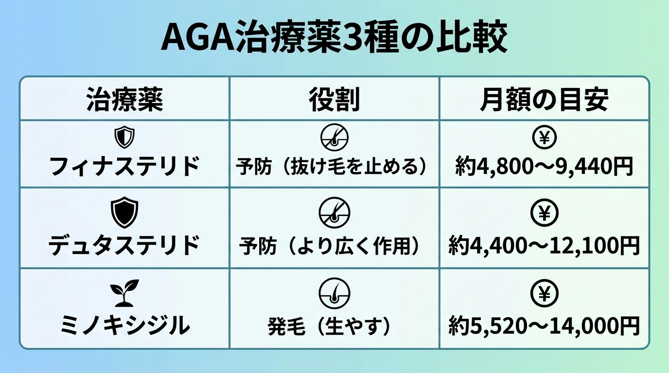 タイトル: AGA治療薬3種の比較。3列の表: ヘッダー行: 治療薬 | 役割 | 月額の目安。行1: フィナステリド | 予防(抜け毛を止める) | 約4,800〜9,440円。行2: デュタステリド | 予防(より広く作用) | 約4,400〜12,100円。行3: ミノキシジル | 発毛(生やす) | 約5,520〜14,000円