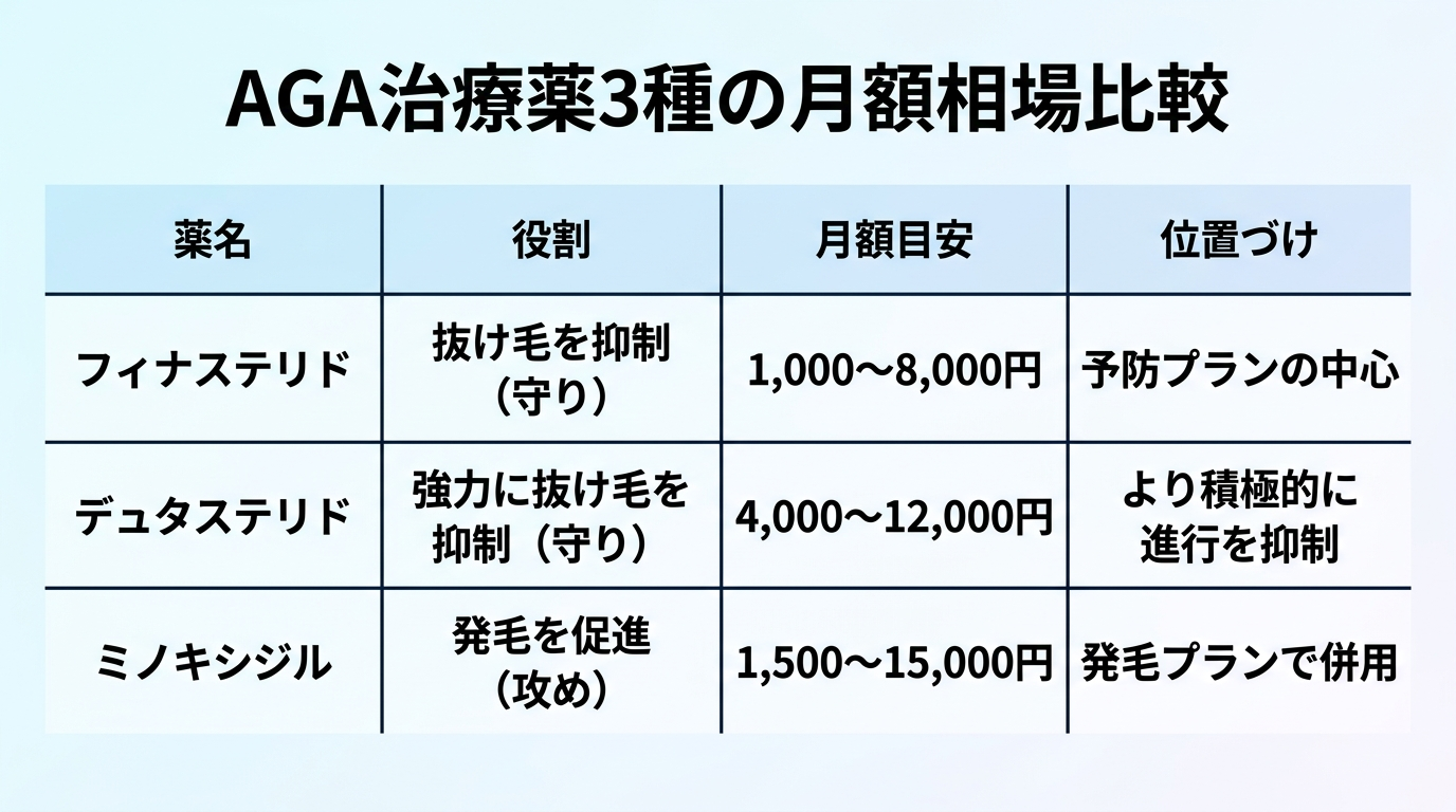 タイトル: AGA治療薬3種の月額相場比較。4列の表。ヘッダー行: 薬名 | 役割 | 月額目安 | 位置づけ。行1: フィナステリド | 抜け毛を抑制(守り) | 1,000〜8,000円 | 予防プランの中心。行2: デュタステリド | 強力に抜け毛を抑制(守り) | 4,000〜12,000円 | より積極的に進行を抑制。行3: ミノキシジル | 発毛を促進(攻め) | 1,500〜15,000円 | 発毛プランで併用