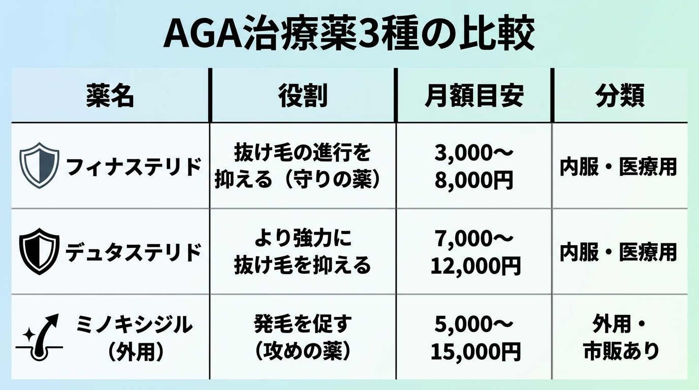タイトル: AGA治療薬3種の比較。4列の表: ヘッダー行: 薬名 | 役割 | 月額目安 | 分類。行1: フィナステリド | 抜け毛の進行を抑える(守りの薬) | 3,000〜8,000円 | 内服・医療用。行2: デュタステリド | より強力に抜け毛を抑える | 7,000〜12,000円 | 内服・医療用。行3: ミノキシジル(外用) | 発毛を促す(攻めの薬) | 5,000〜15,000円 | 外用・市販あり