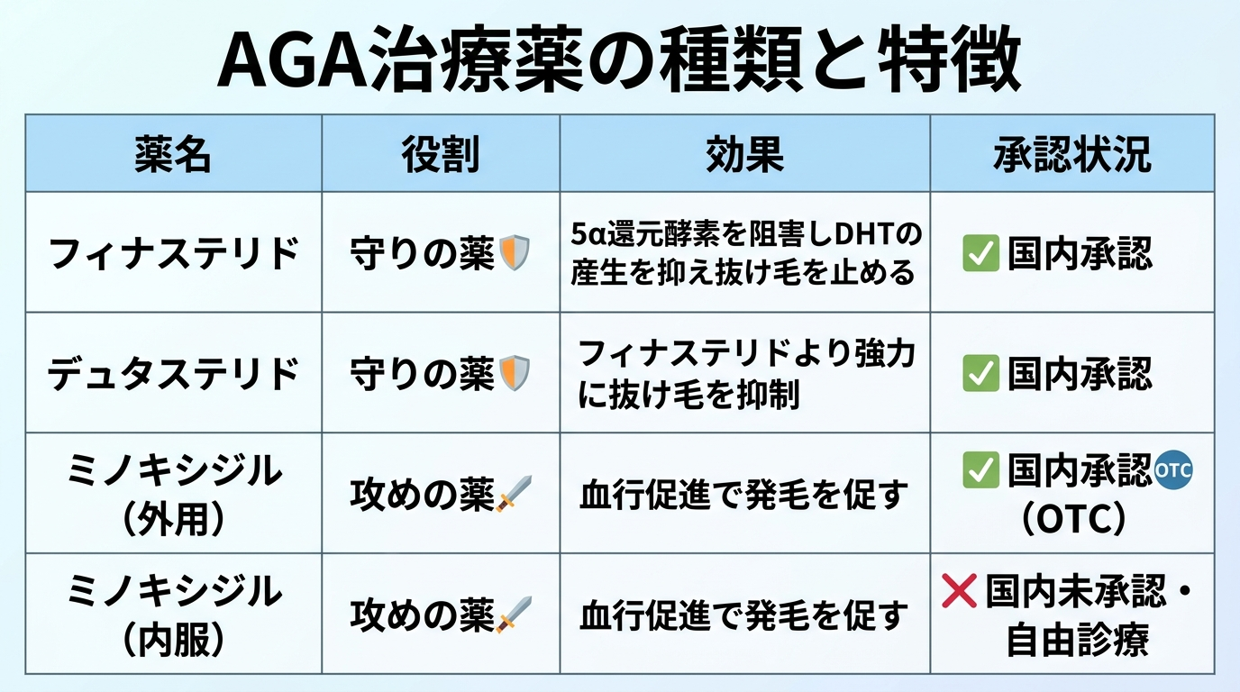 タイトル: AGA治療薬の種類と特徴。4列の表: ヘッダー行: 薬名 | 役割 | 効果 | 承認状況。行1: フィナステリド | 守りの薬 | 5α還元酵素を阻害しDHTの産生を抑え抜け毛を止める | 国内承認。行2: デュタステリド | 守りの薬 | フィナステリドより強力に抜け毛を抑制 | 国内承認。行3: ミノキシジル(外用) | 攻めの薬 | 血行促進で発毛を促す | 国内承認(OTC)。行4: ミノキシジル(内服) | 攻めの薬 | 血行促進で発毛を促す | 国内未承認・自由診療