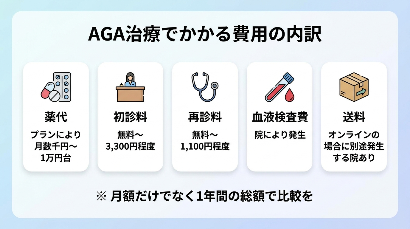 タイトル: AGA治療でかかる費用の内訳。横並び5項目のカード図: カード1(錠剤のアイコン)薬代: プランにより月数千円〜1万円台。カード2(受付のアイコン)初診料: 無料〜3,300円程度。カード3(聴診器のアイコン)再診料: 無料〜1,100円程度。カード4(採血のアイコン)血液検査費: 院により発生。カード5(配送ボックスのアイコン)送料: オンラインの場合に別途発生する院あり。下部に注記: 月額だけでなく1年間の総額で比較を