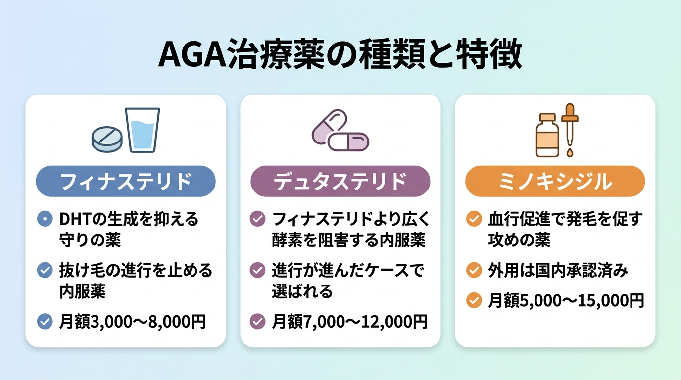 タイトル: AGA治療薬の種類と特徴。横並び3カード。カード1(錠剤のアイコン)ヘッダー: フィナステリド、説明: DHTの生成を抑える守りの薬。抜け毛の進行を止める内服薬。月額3,000〜8,000円。カード2(錠剤のアイコン)ヘッダー: デュタステリド、説明: フィナステリドより広く酵素を阻害する内服薬。進行が進んだケースで選ばれる。月額7,000〜12,000円。カード3(塗布ボトルのアイコン)ヘッダー: ミノキシジル、説明: 血行促進で発毛を促す攻めの薬。外用は国内承認済み。月額5,000〜15,000円