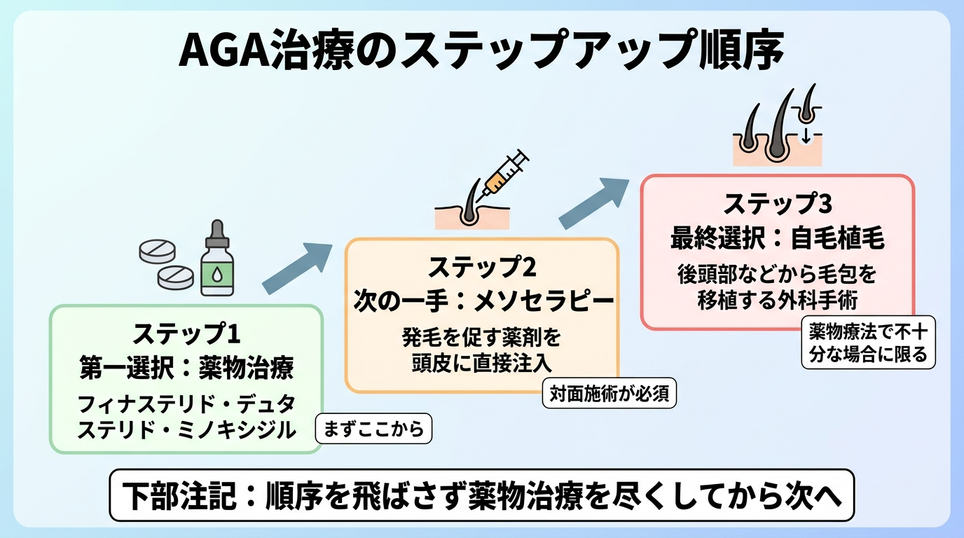 タイトル: AGA治療のステップアップ順序。縦3段の階段状フロー図。ステップ1(錠剤・塗り薬のアイコン)第一選択: 薬物治療(フィナステリド・デュタステリド・ミノキシジル)。まずここから。ステップ2(注射器のアイコン)次の一手: メソセラピー。発毛を促す薬剤を頭皮に直接注入。対面施術が必須。ステップ3(毛包移植のアイコン)最終選択: 自毛植毛。後頭部などから毛包を移植する外科手術。薬物療法で不十分な場合に限る。下部注記: 順序を飛ばさず薬物治療を尽くしてから次へ