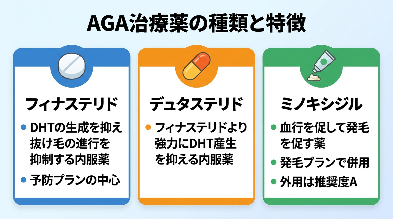 タイトル: AGA治療薬の種類と特徴。横並び3カードで: カード1(錠剤のアイコン)ヘッダー: フィナステリド、説明: DHTの生成を抑え抜け毛の進行を抑制する内服薬。予防プランの中心。カード2(カプセルのアイコン)ヘッダー: デュタステリド、説明: フィナステリドより強力にDHT産生を抑える内服薬。カード3(塗り薬チューブのアイコン)ヘッダー: ミノキシジル、説明: 血行を促して発毛を促す薬。発毛プランで併用。外用は推奨度A