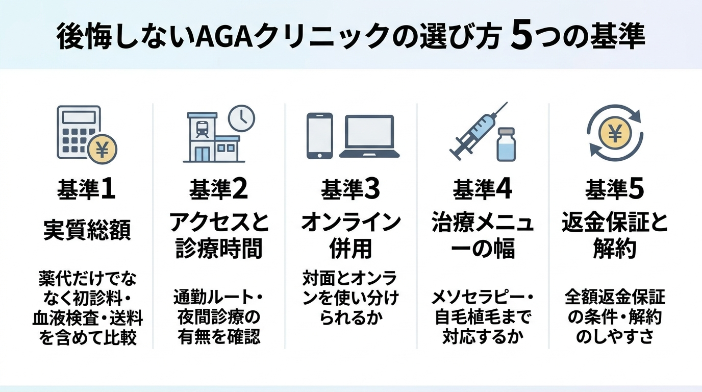 タイトル: 後悔しないAGAクリニックの選び方 5つの基準。縦並び5項目のチェックリスト: 基準1(電卓のアイコン)実質総額: 薬代だけでなく初診料・血液検査・送料を含めて比較。基準2(駅のアイコン)アクセスと診療時間: 通勤ルート・夜間診療の有無を確認。基準3(スマホとPCのアイコン)オンライン併用: 対面とオンラインを使い分けられるか。基準4(注射器のアイコン)治療メニューの幅: メソセラピー・自毛植毛まで対応するか。基準5(返金マークのアイコン)返金保証と解約: 全額返金保証の条件・解約のしやすさ