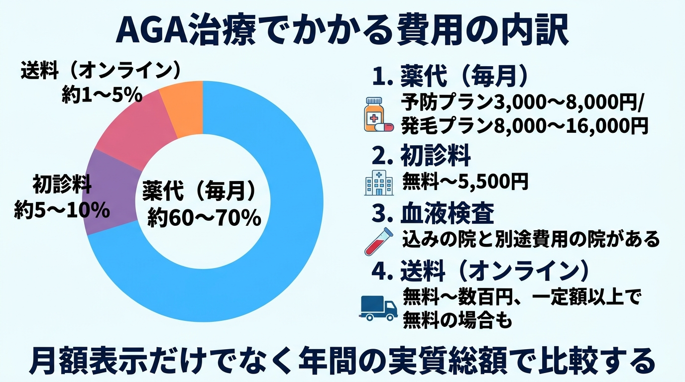 タイトル: AGA治療でかかる費用の内訳。円グラフ風または積み上げ図で費用項目を可視化: 項目1 薬代(毎月): 予防プラン3,000〜8,000円/発毛プラン8,000〜16,000円。項目2 初診料: 無料〜5,500円。項目3 血液検査: 込みの院と別途費用の院がある。項目4 送料(オンライン): 無料〜数百円、一定額以上で無料の場合も。下部に注記『月額表示だけでなく年間の実質総額で比較する』
