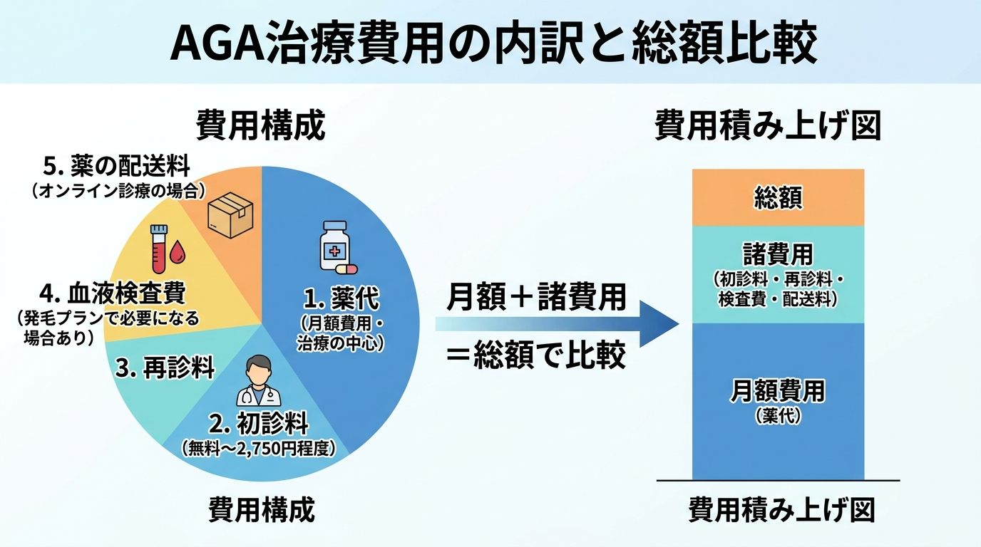 タイトル: AGA治療でかかる費用の内訳。円グラフまたは積み上げ図で費用項目を可視化: 1. 薬代(月額費用・治療の中心)。2. 初診料(無料〜2,750円程度)。3. 再診料。4. 血液検査費(発毛プランで必要になる場合あり)。5. 薬の配送料(オンライン診療の場合)。中央に「月額+諸費用=総額で比較」のメッセージを配置
