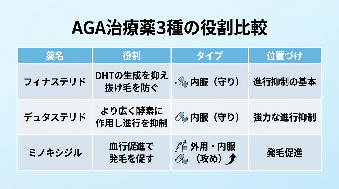 タイトル: AGA治療薬3種の役割比較。4列の表: ヘッダー行: 薬名 | 役割 | タイプ | 位置づけ。行1: フィナステリド | DHTの生成を抑え抜け毛を防ぐ | 内服（守り） | 進行抑制の基本。行2: デュタステリド | より広く酵素に作用し進行を抑制 | 内服（守り） | 強力な進行抑制。行3: ミノキシジル | 血行促進で発毛を促す | 外用・内服（攻め） | 発毛促進