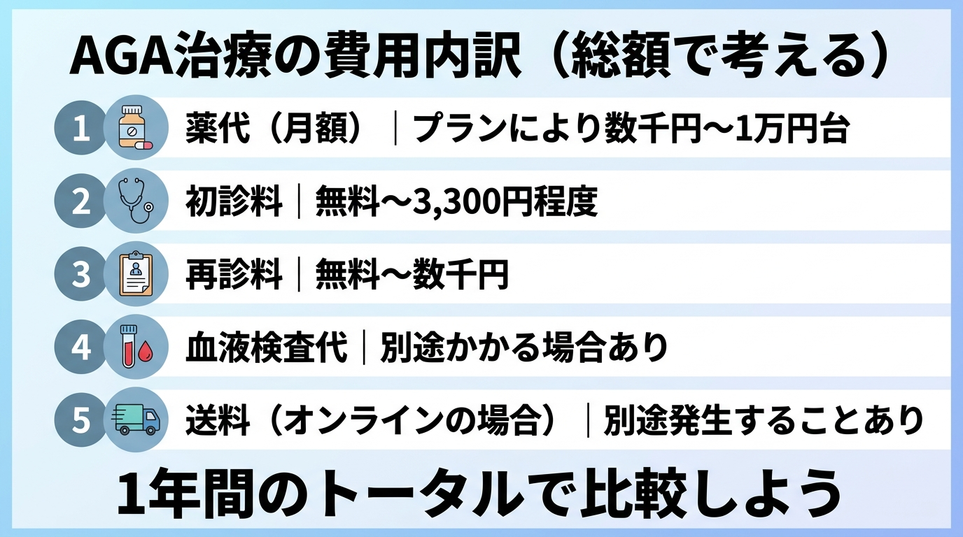 タイトル: AGA治療の費用内訳（総額で考える）。縦積みの費用項目リスト: 項目1: 薬代（月額）｜プランにより数千円〜1万円台。項目2: 初診料｜無料〜3,300円程度。項目3: 再診料｜無料〜数千円。項目4: 血液検査代｜別途かかる場合あり。項目5: 送料（オンラインの場合）｜別途発生することあり。下部に大きく: 1年間のトータルで比較しよう