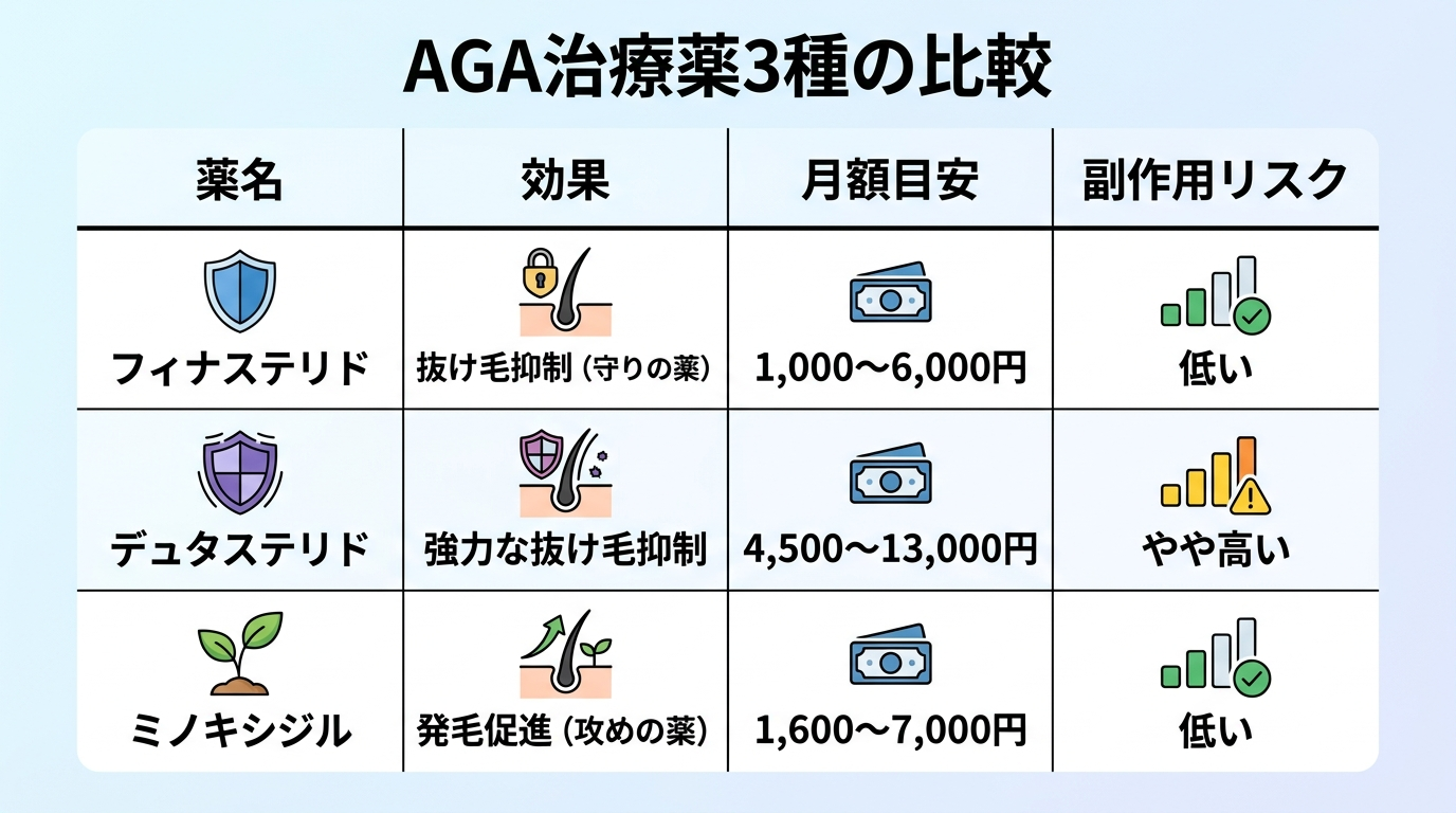 タイトル: AGA治療薬3種の比較。4列の表: ヘッダー行: 薬名 | 効果 | 月額目安 | 副作用リスク。行1: フィナステリド | 抜け毛抑制（守りの薬） | 1,000〜6,000円 | 低い。行2: デュタステリド | 強力な抜け毛抑制 | 4,500〜13,000円 | やや高い。行3: ミノキシジル | 発毛促進（攻めの薬） | 1,600〜7,000円 | 低い