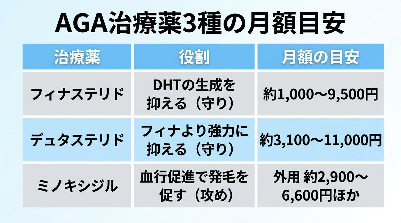タイトル: AGA治療薬3種の月額目安。3列の表: ヘッダー行: 治療薬 | 役割 | 月額の目安。行1: フィナステリド | DHTの生成を抑える(守り) | 約1,000〜9,500円。行2: デュタステリド | フィナより強力に抑える(守り) | 約3,100〜11,000円。行3: ミノキシジル | 血行促進で発毛を促す(攻め) | 外用 約2,900〜6,600円ほか