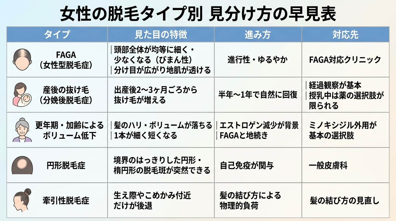 タイトル: 女性の脱毛タイプ別 見分け方の早見表。4列の表: ヘッダー行: タイプ | 見た目の特徴 | 進み方 | 対応先。行1: FAGA(女性型脱毛症) | 頭部全体が均等に細く・少なくなる(びまん性)。分け目が広がり地肌が透ける | 進行性・ゆるやか | FAGA対応クリニック。行2: 産後の抜け毛(分娩後脱毛症) | 出産後2〜3ヶ月ごろから抜け毛が増える | 半年〜1年で自然に回復 | 経過観察が基本。授乳中は薬の選択肢が限られる。行3: 更年期・加齢によるボリューム低下 | 髪のハリ・ボリュームが落ちる。1本が細く短くなる | エストロゲン減少が背景。FAGAと地続き | ミノキシジル外用が基本の選択肢。行4: 円形脱毛症 | 境界のはっきりした円形・楕円形の脱毛斑が突然できる | 自己免疫が関与 | 一般皮膚科。行5: 牽引性脱毛症 | 生え際やこめかみ付近だけが後退 | 髪の結び方による物理的負荷 | 髪の結び方の見直し