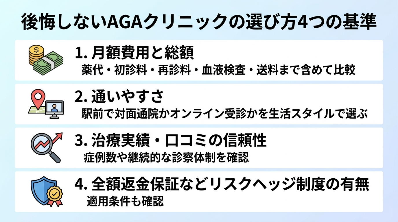 タイトル: 後悔しないAGAクリニックの選び方4つの基準。縦並び4項目のチェックリスト形式で: 1. 月額費用と総額（薬代・初診料・再診料・血液検査・送料まで含めて比較）。2. 通いやすさ（駅前で対面通院かオンライン受診かを生活スタイルで選ぶ）。3. 治療実績・口コミの信頼性（症例数や継続的な診察体制を確認）。4. 全額返金保証などリスクヘッジ制度の有無（適用条件も確認）。