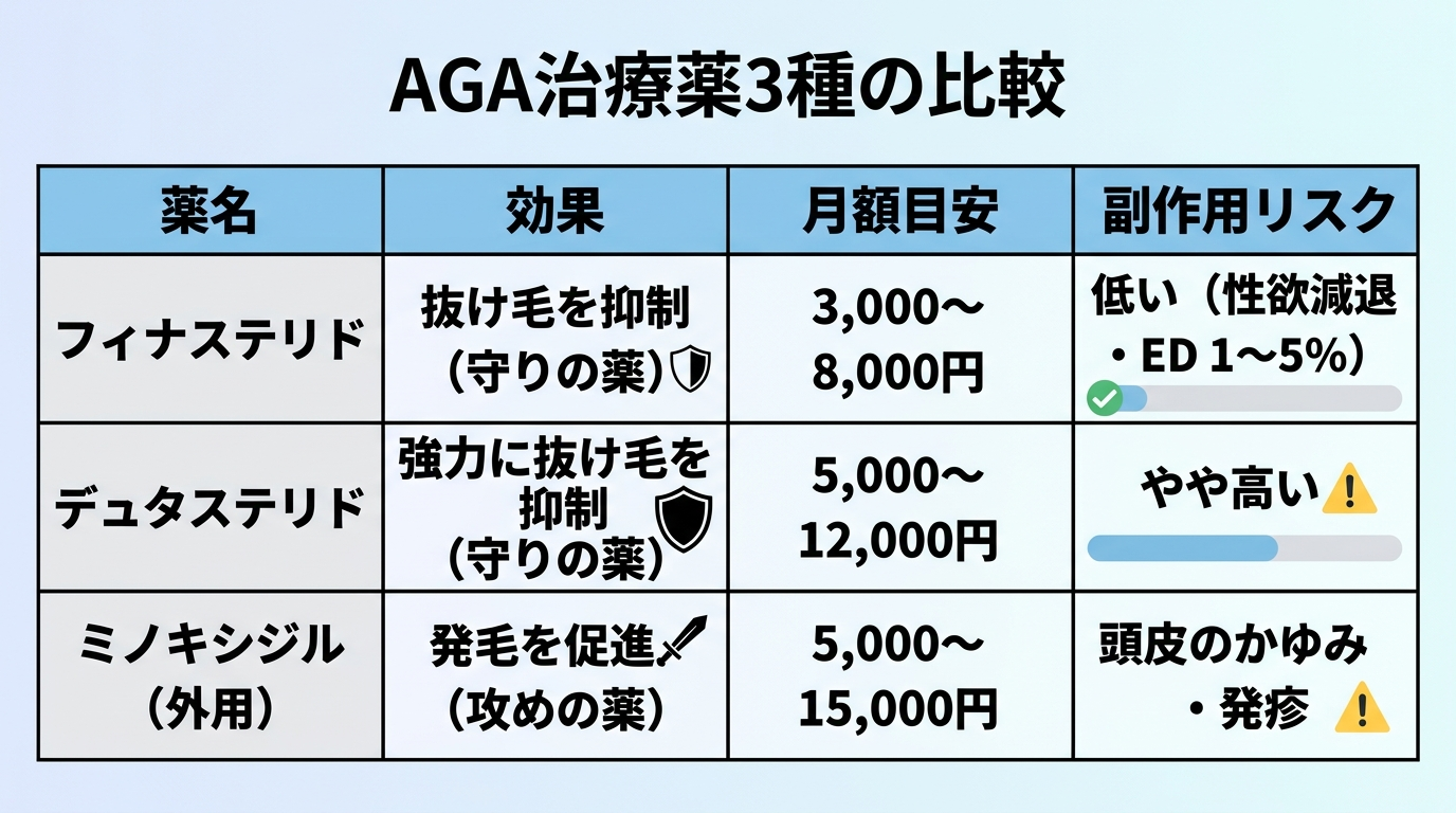 タイトル: AGA治療薬3種の比較。4列の表: ヘッダー行: 薬名 | 効果 | 月額目安 | 副作用リスク。行1: フィナステリド | 抜け毛を抑制（守りの薬） | 3,000〜8,000円 | 低い（性欲減退・ED 1〜5%）。行2: デュタステリド | 強力に抜け毛を抑制（守りの薬） | 5,000〜12,000円 | やや高い。行3: ミノキシジル（外用） | 発毛を促進（攻めの薬） | 5,000〜15,000円 | 頭皮のかゆみ・発疹