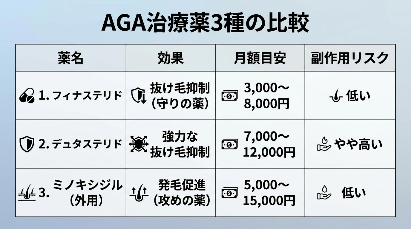 タイトル: AGA治療薬3種の比較。4列の表: ヘッダー行: 薬名 | 効果 | 月額目安 | 副作用リスク。行1: フィナステリド | 抜け毛抑制(守りの薬) | 3,000〜8,000円 | 低い。行2: デュタステリド | 強力な抜け毛抑制 | 7,000〜12,000円 | やや高い。行3: ミノキシジル(外用) | 発毛促進(攻めの薬) | 5,000〜15,000円 | 低い