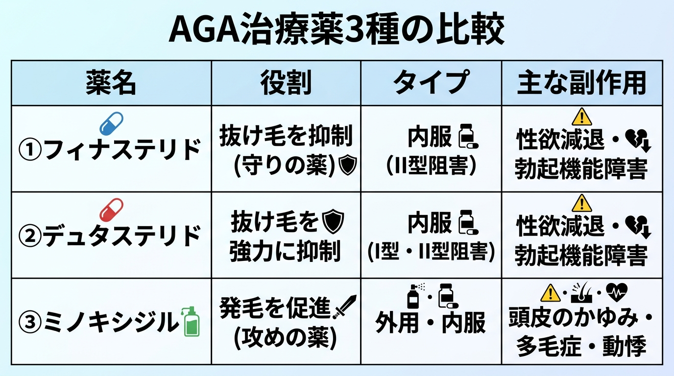 タイトル: AGA治療薬3種の比較。4列の表: ヘッダー行: 薬名 | 役割 | タイプ | 主な副作用。行1: フィナステリド | 抜け毛を抑制(守りの薬) | 内服(II型阻害) | 性欲減退・勃起機能障害。行2: デュタステリド | 抜け毛を強力に抑制 | 内服(I型・II型阻害) | 性欲減退・勃起機能障害。行3: ミノキシジル | 発毛を促進(攻めの薬) | 外用・内服 | 頭皮のかゆみ・多毛症・動悸