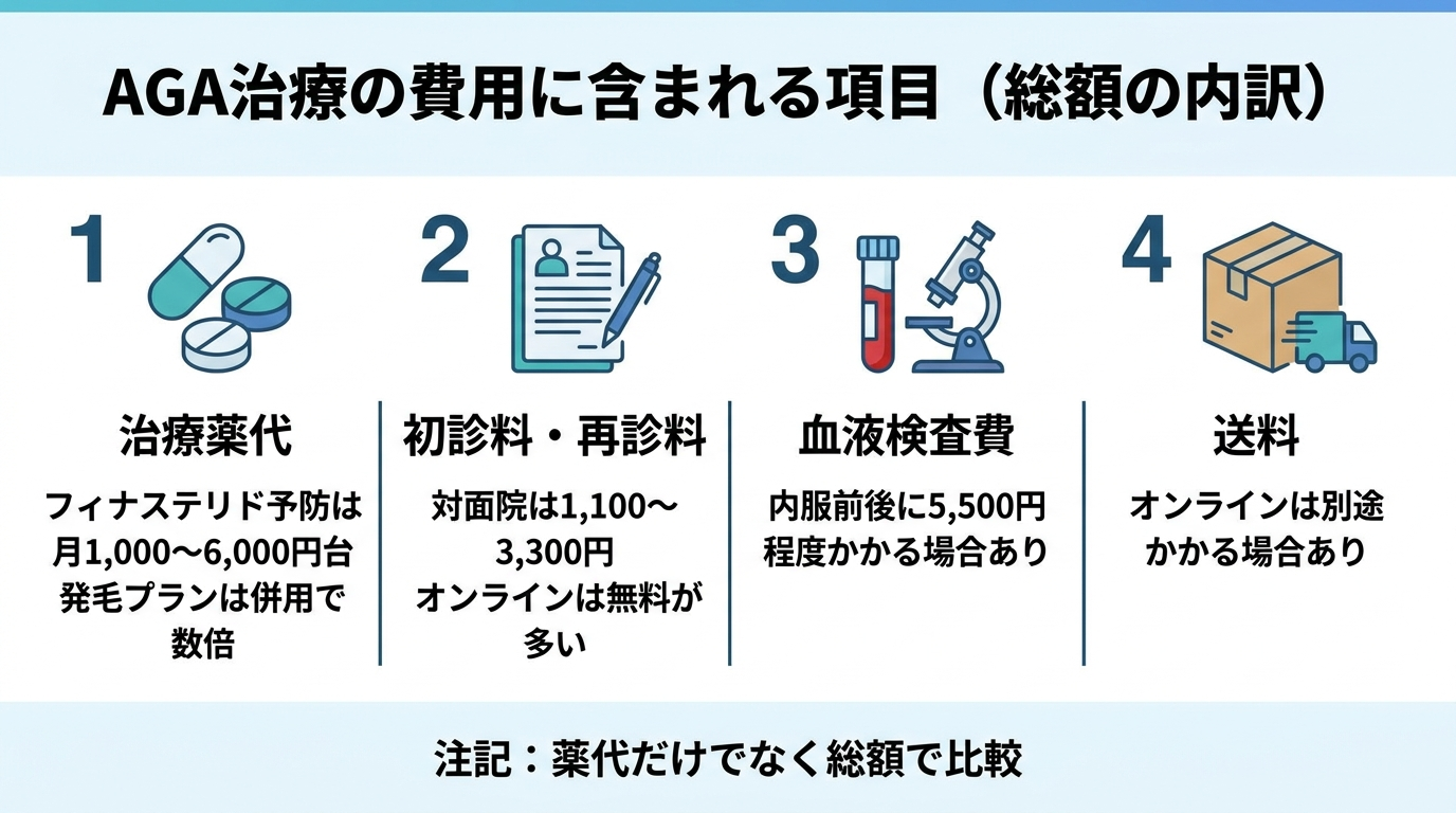 タイトル: AGA治療の費用に含まれる項目(総額の内訳)。縦積み4項目の一覧図。項目1(錠剤アイコン): 治療薬代 — フィナステリド予防は月1,000〜6,000円台、発毛プランは併用で数倍。項目2(書類アイコン): 初診料・再診料 — 対面院は1,100〜3,300円、オンラインは無料が多い。項目3(試験管アイコン): 血液検査費 — 内服前後に5,500円程度かかる場合あり。項目4(配送箱アイコン): 送料 — オンラインは別途かかる場合あり。下部に注記『薬代だけでなく総額で比較』