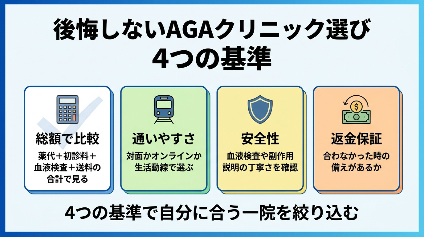 タイトル: 後悔しないAGAクリニック選び 4つの基準。横並び4カードのチェックリスト図。カード1(電卓アイコン): 総額で比較 — 薬代+初診料+血液検査+送料の合計で見る。カード2(電車アイコン): 通いやすさ — 対面かオンラインか、生活動線で選ぶ。カード3(盾アイコン): 安全性 — 血液検査や副作用説明の丁寧さを確認。カード4(返金アイコン): 返金保証 — 合わなかった時の備えがあるか。下部注記『4つの基準で自分に合う一院を絞り込む』