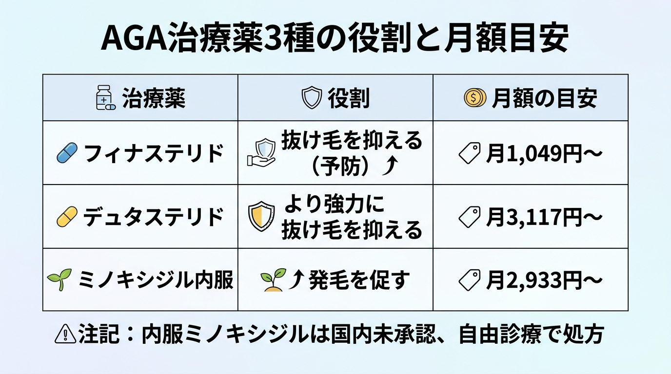 タイトル: AGA治療薬3種の役割と月額目安。3列の比較表: ヘッダー行: 治療薬 | 役割 | 月額の目安。行1: フィナステリド | 抜け毛を抑える(予防) | 月1,049円〜。行2: デュタステリド | より強力に抜け毛を抑える | 月3,117円〜。行3: ミノキシジル内服 | 発毛を促す | 月2,933円〜。表下に注記: 内服ミノキシジルは国内未承認、自由診療で処方