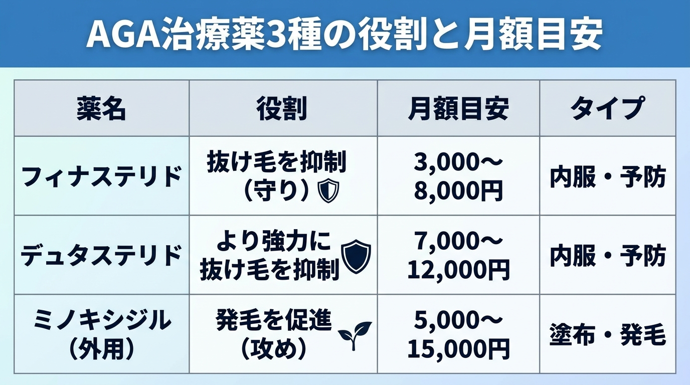 タイトル: AGA治療薬3種の役割と月額目安。4列の表: ヘッダー行: 薬名 | 役割 | 月額目安 | タイプ。行1: フィナステリド | 抜け毛を抑制(守り) | 3,000〜8,000円 | 内服・予防。行2: デュタステリド | より強力に抜け毛を抑制 | 7,000〜12,000円 | 内服・予防。行3: ミノキシジル(外用) | 発毛を促進(攻め) | 5,000〜15,000円 | 塗布・発毛
