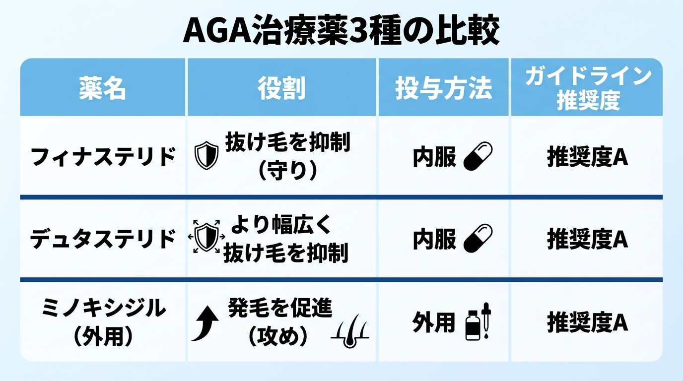 タイトル: AGA治療薬3種の比較。4列の表: ヘッダー行: 薬名 | 役割 | 投与方法 | ガイドライン推奨度。行1: フィナステリド | 抜け毛を抑制（守り） | 内服 | 推奨度A。行2: デュタステリド | より幅広く抜け毛を抑制 | 内服 | 推奨度A。行3: ミノキシジル（外用） | 発毛を促進（攻め） | 外用 | 推奨度A
