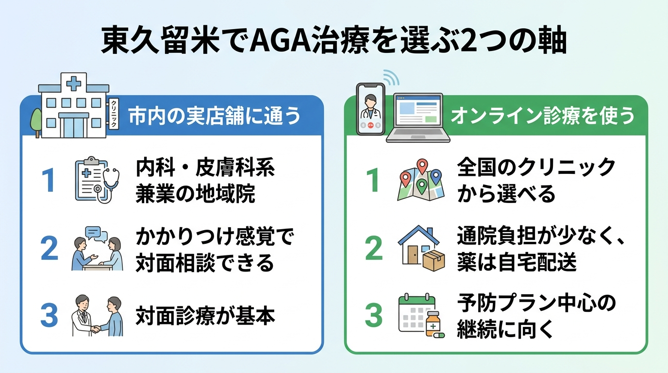 タイトル: 東久留米でAGA治療を選ぶ2つの軸。横並び2カードで比較。カード1(クリニックの建物アイコン)ヘッダー: 市内の実店舗に通う、説明: 内科・皮膚科系兼業の地域院。かかりつけ感覚で対面相談できる。対面診療が基本。カード2(スマホ・PCのアイコン)ヘッダー: オンライン診療を使う、説明: 全国のクリニックから選べる。通院負担が少なく、薬は自宅配送。予防プラン中心の継続に向く。