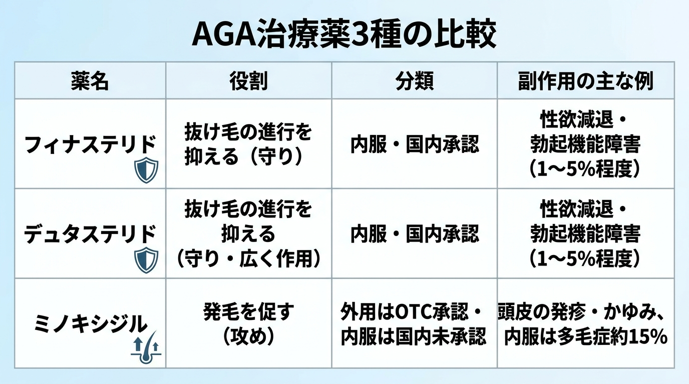 タイトル: AGA治療薬3種の比較。4列の表。ヘッダー行: 薬名 | 役割 | 分類 | 副作用の主な例。行1: フィナステリド | 抜け毛の進行を抑える(守り) | 内服・国内承認 | 性欲減退・勃起機能障害(1〜5%程度)。行2: デュタステリド | 抜け毛の進行を抑える(守り・広く作用) | 内服・国内承認 | 性欲減退・勃起機能障害(1〜5%程度)。行3: ミノキシジル | 発毛を促す(攻め) | 外用はOTC承認・内服は国内未承認 | 頭皮の発疹・かゆみ、内服は多毛症約15%。
