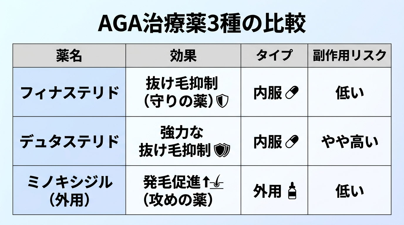 タイトル: AGA治療薬3種の比較。4列の表: ヘッダー行: 薬名 | 効果 | タイプ | 副作用リスク。行1: フィナステリド | 抜け毛抑制(守りの薬) | 内服 | 低い。行2: デュタステリド | 強力な抜け毛抑制 | 内服 | やや高い。行3: ミノキシジル(外用) | 発毛促進(攻めの薬) | 外用 | 低い。