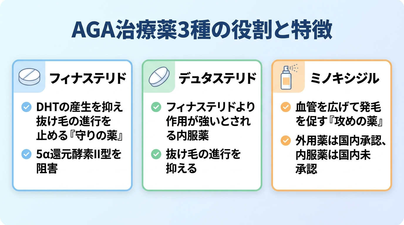タイトル: AGA治療薬3種の役割と特徴。横並び3カードで。カード1(錠剤のアイコン)ヘッダー: フィナステリド、説明: DHTの産生を抑え抜け毛の進行を止める「守りの薬」。5α還元酵素II型を阻害。カード2(錠剤のアイコン)ヘッダー: デュタステリド、説明: フィナステリドより作用が強いとされる内服薬。抜け毛の進行を抑える。カード3(スプレーのアイコン)ヘッダー: ミノキシジル、説明: 血管を広げて発毛を促す「攻めの薬」。外用薬は国内承認、内服薬は国内未承認