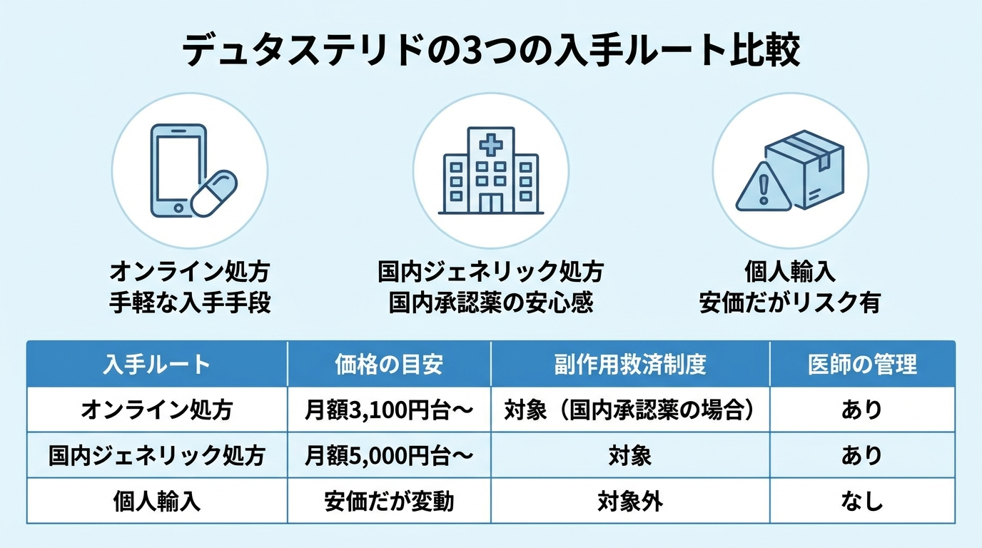 タイトル: デュタステリドの3つの入手ルート比較。4列の表: ヘッダー行: 入手ルート | 価格の目安 | 副作用救済制度 | 医師の管理。行1: オンライン処方 | 月額3,100円台〜 | 対象（国内承認薬の場合） | あり。行2: 国内ジェネリック処方 | 月額5,000円台〜 | 対象 | あり。行3: 個人輸入 | 安価だが変動 | 対象外 | なし