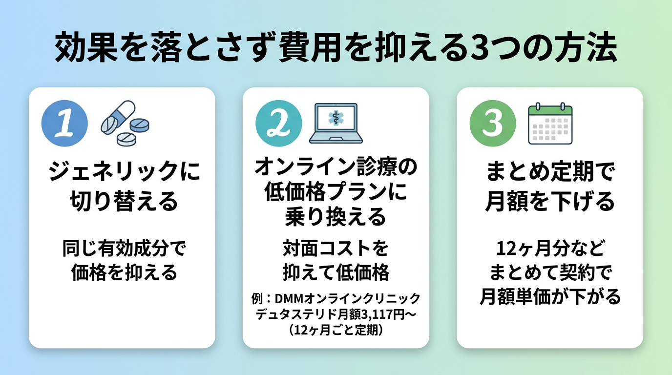 タイトル: 効果を落とさず費用を抑える3つの方法。横並び3カード。カード1（薬の錠剤アイコン）ヘッダー: ジェネリックに切り替える、説明: 同じ有効成分で価格を抑える。カード2（PCアイコン）ヘッダー: オンライン診療の低価格プランに乗り換える、説明: 対面コストを抑えて低価格。例: DMMオンラインクリニック デュタステリド月額3,117円〜。カード3（カレンダーアイコン）ヘッダー: まとめ定期で月額を下げる、説明: 12ヶ月分などまとめて契約で月額単価が下がる