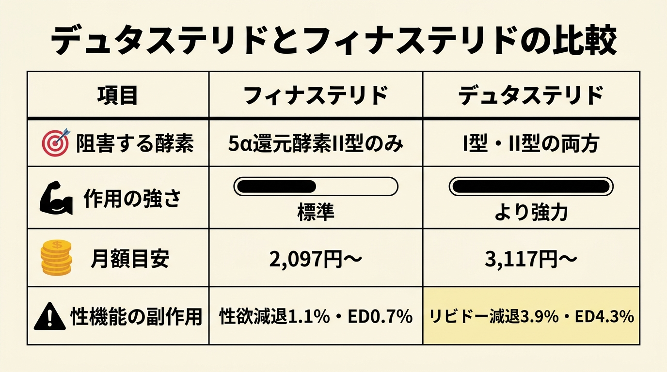 タイトル: デュタステリドとフィナステリドの比較。4列の表: ヘッダー行: 項目 | フィナステリド | デュタステリド。行1: 阻害する酵素 | 5α還元酵素II型のみ | I型・II型の両方。行2: 作用の強さ | 標準 | より強力。行3: 月額目安 | 2,097円〜 | 3,117円〜。行4: 性機能の副作用 | 性欲減退1.1%・ED0.7% | リビドー減退3.9%・ED4.3%