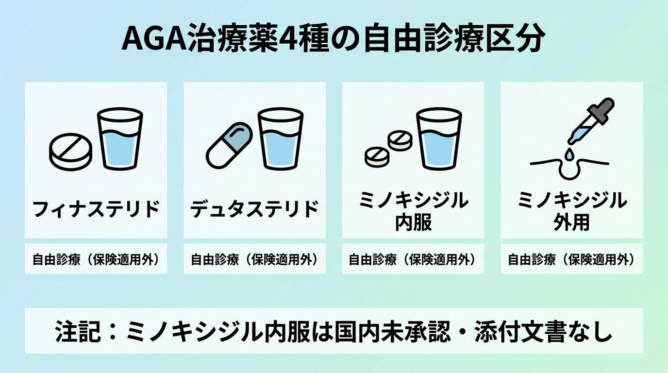 タイトル: AGA治療薬4種の自由診療区分。4つのアイコンを横並びで表示し、それぞれに『自由診療(保険適用外)』のラベルを付与: フィナステリド/デュタステリド/ミノキシジル内服/ミノキシジル外用。中央下に注記テキスト: ミノキシジル内服は国内未承認・添付文書なし
