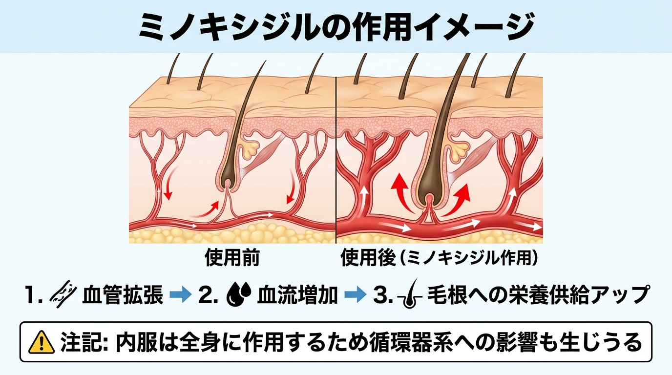 タイトル: ミノキシジルの作用イメージ。頭皮断面図のイラストで、血管が拡張し毛根への血流が増加する様子を矢印で表現。ラベル: 血管拡張→血流増加→毛根への栄養供給アップ。図の下に注記: 内服は全身に作用するため循環器系への影響も生じうる