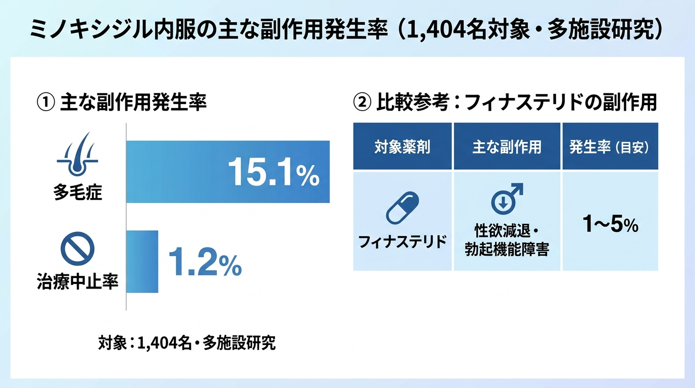 タイトル: ミノキシジル内服の主な副作用発生率(1,404名対象・多施設研究)。棒グラフ3本: 多毛症 15.1% | 治療中止率 1.2% | フィナステリドの性欲減退・勃起機能障害 1〜5%