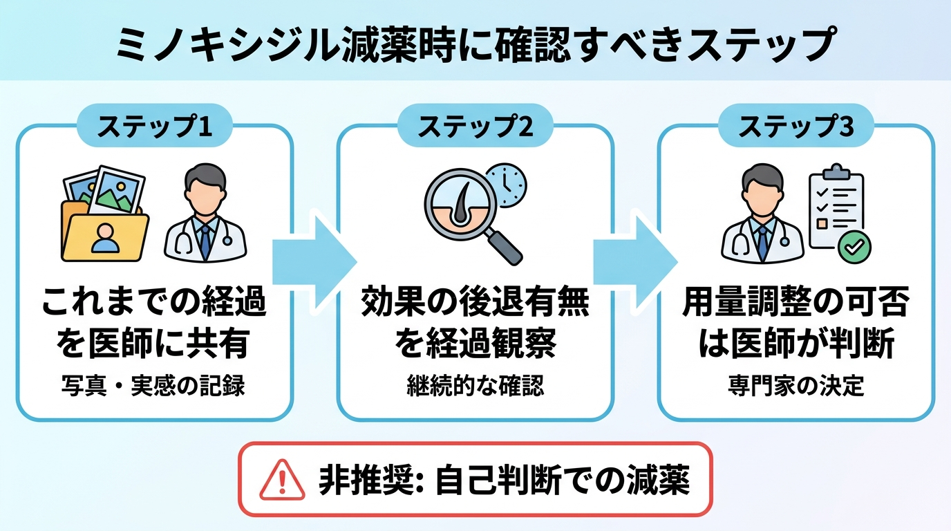 タイトル: ミノキシジル減薬時に確認すべきステップ。フローチャート3段階: ステップ1 これまでの経過(写真・実感)を医師に共有 → ステップ2 効果の後退有無を経過観察 → ステップ3 用量調整の可否は医師が判断。自己判断での減薬は非推奨と明記。